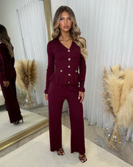 Ivana Ribbed Gold Button Long Sleeve Frill Detail Top & Trouser Set - Wine