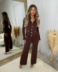 Ivana Ribbed Gold Button Long Sleeve Frill Detail Top & Trouser Set - Chocolate