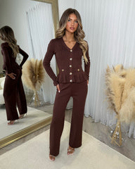 Ivana Ribbed Gold Button Long Sleeve Frill Detail Top & Trouser Set - Chocolate