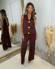Diana Large Gold Button Detail Waistcoat & Straight Leg Trouser Set - Chocolate