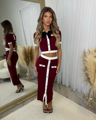 Leilani Short Sleeve Gold Button Bow Detail Top & Pencil Skirt - Wine