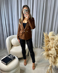 Thea Fitted Gold Button Blazer - Chocolate