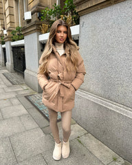 Arabella Hooded Short Padded Tie Waist Coat- Camel