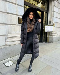 Keke Long Quilted Faux Fur Hood Coat- Black