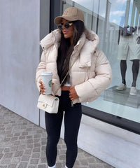 Millie Oversized Short Padded Bomber Jacket with Hood - Beige