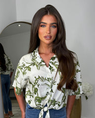Floral Collared Tie Front Summer Shirt - Khaki
