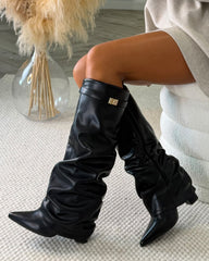Holly Knee High Slouch Gold Buckle Detail Boots - Black PU