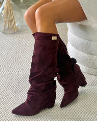 Holly Knee High Slouch Gold Buckle Detail Boots - Wine Suede