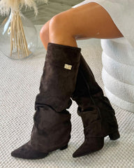 Holly Knee High Slouch Gold Buckle Detail Boots - Chocolate Suede