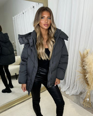 Phoebe Oversized Quilted Bomber Jacket with Hood - Charcoal