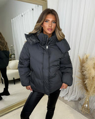 Phoebe Oversized Quilted Bomber Jacket with Hood - Charcoal