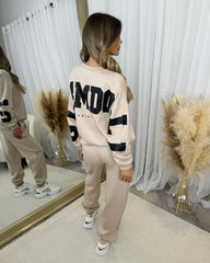 Alanna Round Neck 'GLAMDOLL' Back Print Fleece Lined Jumper - Beige