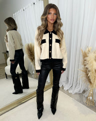 Penelope Gold Button Detail Collared Contrast Oversized Cardigan - Beige