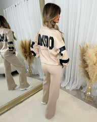 Alanna Round Neck 'GLAMDOLL' Back Print Fleece Lined Jumper - Beige