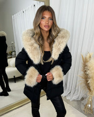 Klara Faux Fur trim Hooded Padded Coat- Black/Beige