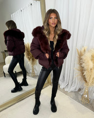 Ruby Hooded Padded Coat with Faux Fur Trim - Burgundy