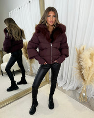 Ruby Hooded Padded Coat with Faux Fur Trim - Burgundy
