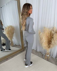 Yasmin Round Neck Long Sleeve Top & Flared Trouser Set - Light Grey