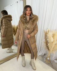 Mia Faux Fur Pull in Waist Long Padded Coat - Camel
