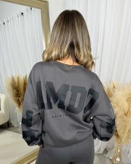 Alanna Round Neck 'GLAMDOLL' Back Print Fleece Lined Jumper - Slate Grey