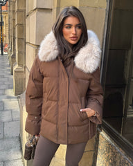 Camille Short Faux Fur Trim Puffer Coat- Chocolate