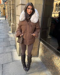 Camille Short Faux Fur Trim Puffer Coat- Chocolate