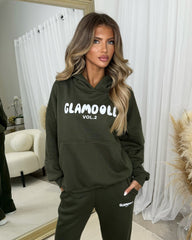 Zoey 'GLAMDOLL' BUBBLE PRINT Design Hoodie & Flared Jogger Set - Khaki Green
