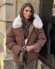 Camille Short Faux Fur Trim Puffer Coat- Chocolate