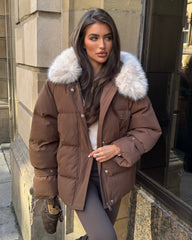Camille Short Faux Fur Trim Puffer Coat- Chocolate