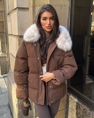 Camille Short Faux Fur Trim Puffer Coat- Chocolate