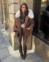 Camille Short Faux Fur Trim Puffer Coat- Chocolate