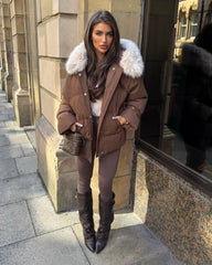 Camille Short Faux Fur Trim Puffer Coat- Chocolate