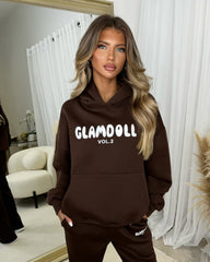 Zoey 'GLAMDOLL' BUBBLE PRINT Design Hoodie & Flared Jogger Set - Chocolate