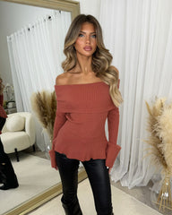 Brooke Ribbed Cowl Neck Long Sleeve Frill Bottom Jumper - Rust