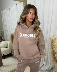 Zoey 'GLAMDOLL' BUBBLE PRINT Design Hoodie & Flared Jogger Set - Mocha