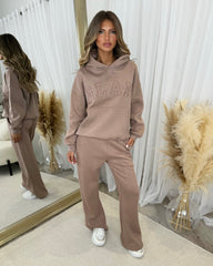 Emily 'GLAM' Embroidery Outline Front Design Fleece Lined Hoodie - Mocha