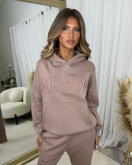 Emily 'GLAM' Embroidery Outline Front Design Fleece Lined Hoodie - Mocha