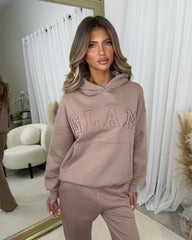Emily 'GLAM' Embroidery Outline Front Design Fleece Lined Hoodie - Mocha