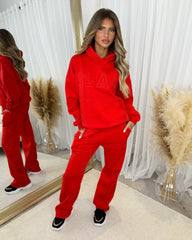 Petra Plain Fleece Lined Flared Leg Joggers - Red