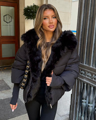 Ruby Hooded Padded Coat with Faux Fur Trim - Black