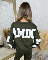 Alanna Round Neck 'GLAMDOLL' Back Print Fleece Lined Jumper - Khaki