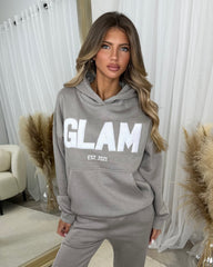 Millie 'GLAM' BOLD EMOBROIDERY Front Logo Print Hoodie - Dove Grey