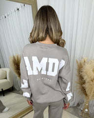 Alanna Round Neck 'GLAMDOLL' Back Print Fleece Lined Jumper - Dove Grey