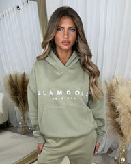 Skylar 'GLAMDOLL' High Density Front Detail Fleece Lined Hoodie - Sage Green