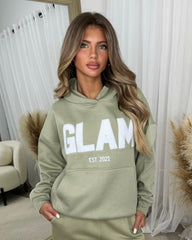 Millie 'GLAM' BOLD EMOBROIDERY Front Logo Print Hoodie - Sage Green