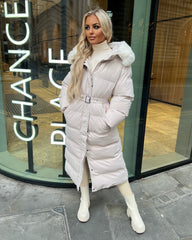 Chantel Long Padded Faux Fur Hooded Coat - Beige
