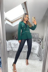 Thea Fitted Gold Button Blazer - Forest Green